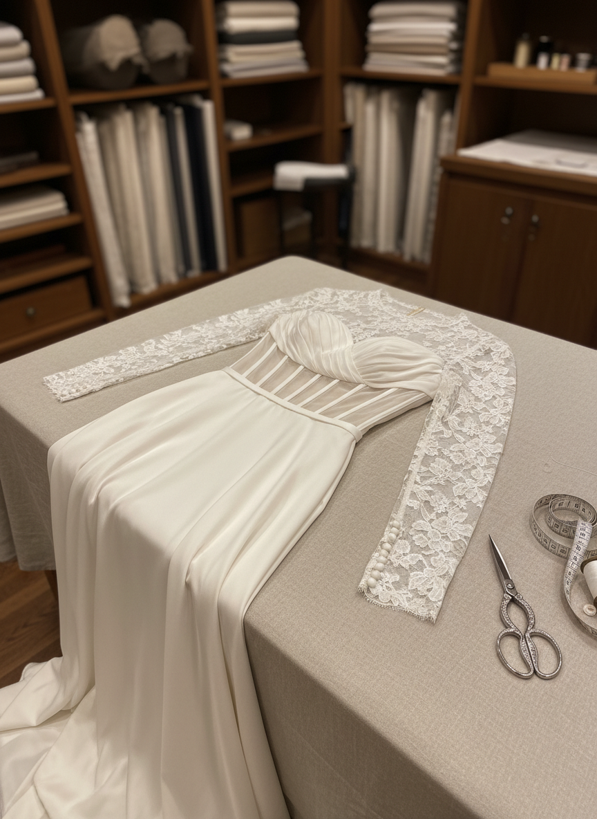 An exquisitely crafted modest wedding gown laid out on a padded linen-covered fitting table, showcasing intricate construction details. The bodice features structured boning beneath layers of matte silk crepe, with hand-stitched lace along a demure bateau neckline and long fitted sleeves ending in scalloped cuffs. Next to the gown rest silver embroidery scissors, a wooden measuring tape, and neatly arranged spools of ivory thread. Overhead, warm studio lighting casts gentle, even illumination, revealing the subtle texture of the fabrics and precise tailoring. The background suggests a discreet, high-end workroom with blurred shelves of carefully folded textiles. Photographic realism, shot from a slightly elevated angle with balanced composition, creating a calm, meticulous, and luxurious mood focused on craftsmanship and custom fittings.