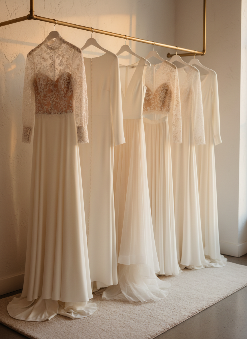 A curated row of modest bridal gowns hanging on brushed brass rails in a serene boutique, each dress distinct yet cohesive in style. One features a high-neck lace overlay, another a smooth crepe sheath with long sleeves, another a soft tulle skirt paired with a structured satin bodice. All are in nuanced shades of ivory and soft cream, with subtle beading and covered buttons. The gowns hang against a backdrop of textured plaster walls in warm white, with a plush pale rug beneath. Diffused golden-hour light enters from an unseen window, catching the edges of fabrics and creating a soft glow. Photographic realism, eye-level composition with a gentle perspective down the rail, evoking an atmosphere of quiet luxury and thoughtful, modest elegance.