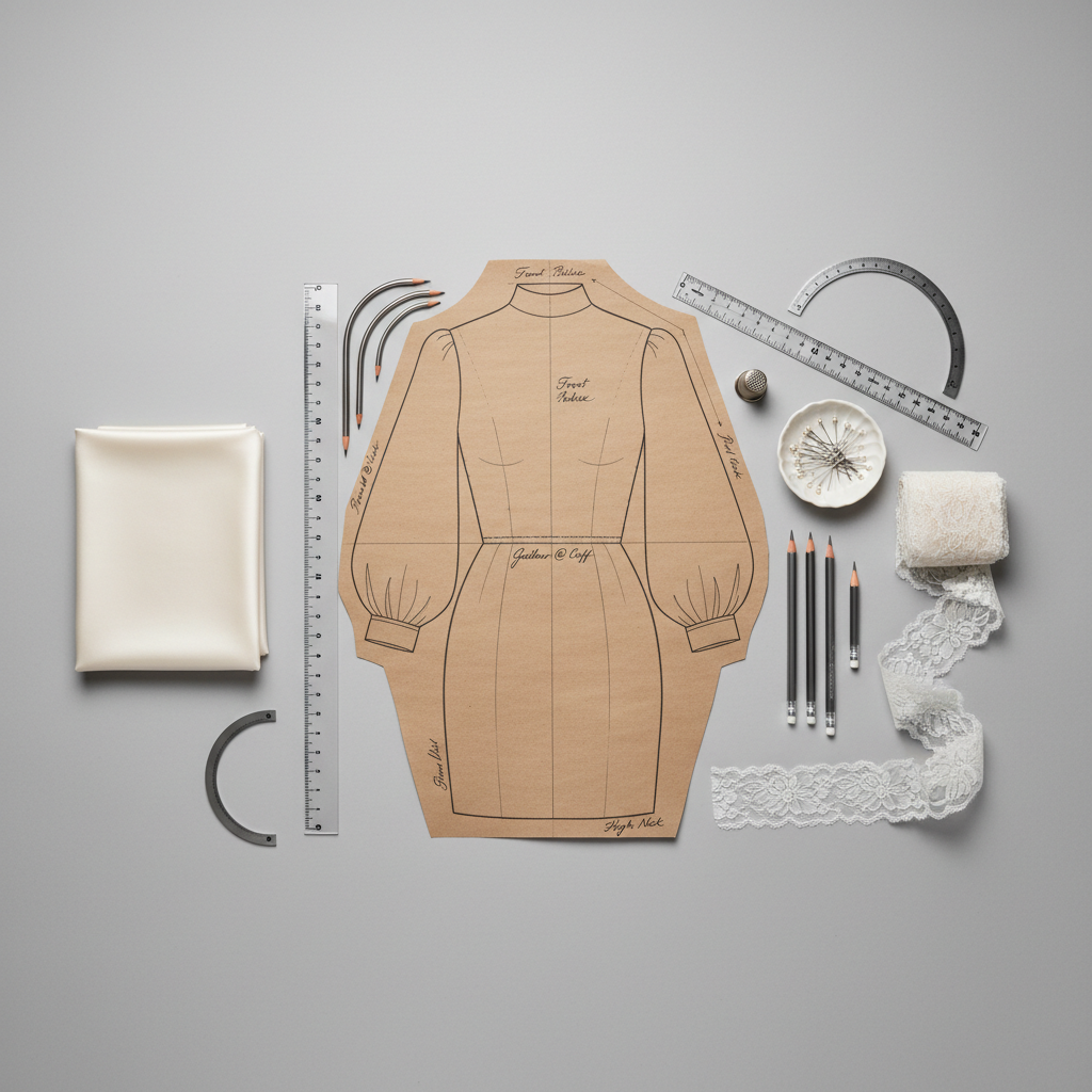 A meticulously arranged flat lay showcasing the design process for a bespoke modest wedding gown. Centered is a pattern piece cut from crisp brown pattern paper, annotated with refined handwriting around a high neckline and long sleeve. Surrounding it are finely sharpened pencils, French curves, transparent rulers, and a folded length of luxurious ivory silk crepe. Pins are organized in a small porcelain dish, and a strip of intricate lace trim is gently coiled nearby. Soft overhead studio lighting creates even illumination with delicate shadows that emphasize dimensionality. The scene rests on a large, smooth cutting table in pale gray. Photographic realism, top-down composition with careful, minimalist spacing, conveying an atmosphere of precision, artistry, and bespoke bridal tailoring.