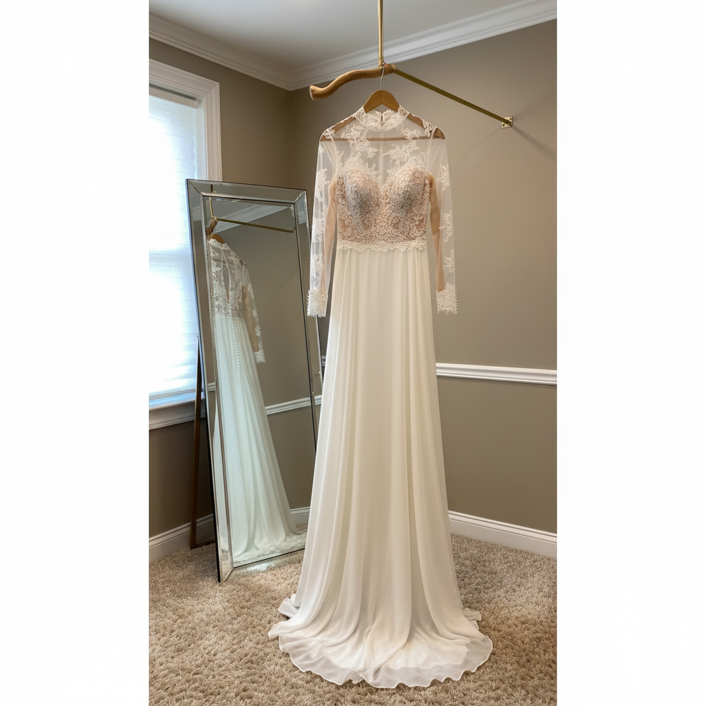 An elegant corner of a bridal fitting room featuring a single modest wedding gown displayed on a sculptural wooden hanger suspended from a ceiling-mounted brass rod. The gown has a softly structured bodice with a high lace neckline, long sheer sleeves lined with opaque panels, and a flowing chiffon skirt that pools gently onto a plush champagne-colored rug. A tall, beveled full-length mirror reflects the gown’s back, revealing a delicate keyhole detail. The walls are painted in a warm, muted taupe with simple molding. Diffused overhead and window light combine to create a flattering, even glow, with subtle shadows at the hem. Photographic realism, eye-level perspective with an emphasis on vertical lines, conveying a calm, intimate, and sophisticated fitting experience.