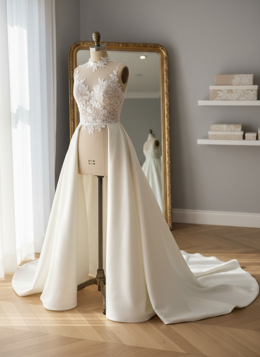 A sumptuous ivory satin wedding gown displayed on an elegant vintage dress form, its high illusion neckline adorned with delicate lace appliqué and tiny pearl beading. The floor-length A-line skirt falls in modest, flowing panels with a chapel-length train carefully fanned across a pale herringbone oak floor. Behind, a refined boutique interior features soft dove-gray walls, a gilded full-length mirror, and neatly arranged boxes of fine lace. Gentle morning light filters through sheer curtains, creating soft highlights on the satin and subtle shadows along each seam. Photographic realism, eye-level composition with a slight three-quarter angle, shallow depth of field that leaves the background tastefully blurred, conveying a serene, sophisticated, and bespoke bridal atelier atmosphere.