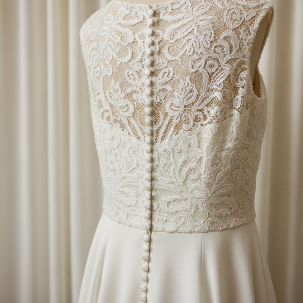 A luxurious close-up of a modest wedding gown’s back closure, featuring a row of perfectly aligned satin-covered buttons running from a high neckline down a structured lace bodice into a smooth crepe skirt. The lace pattern is intricate yet understated, with leafy motifs and fine netting, and the stitching is immaculate. The gown is displayed against a softly draped ivory backdrop that gently echoes its folds. Soft side lighting from the left creates delicate highlights on each button and subtle shadows in the lace texture, emphasizing depth and craftsmanship. Photographic realism, macro-style composition with very shallow depth of field, the foreground details in crisp focus and the background melting into a creamy blur, evoking an intimate, refined, and timeless mood.