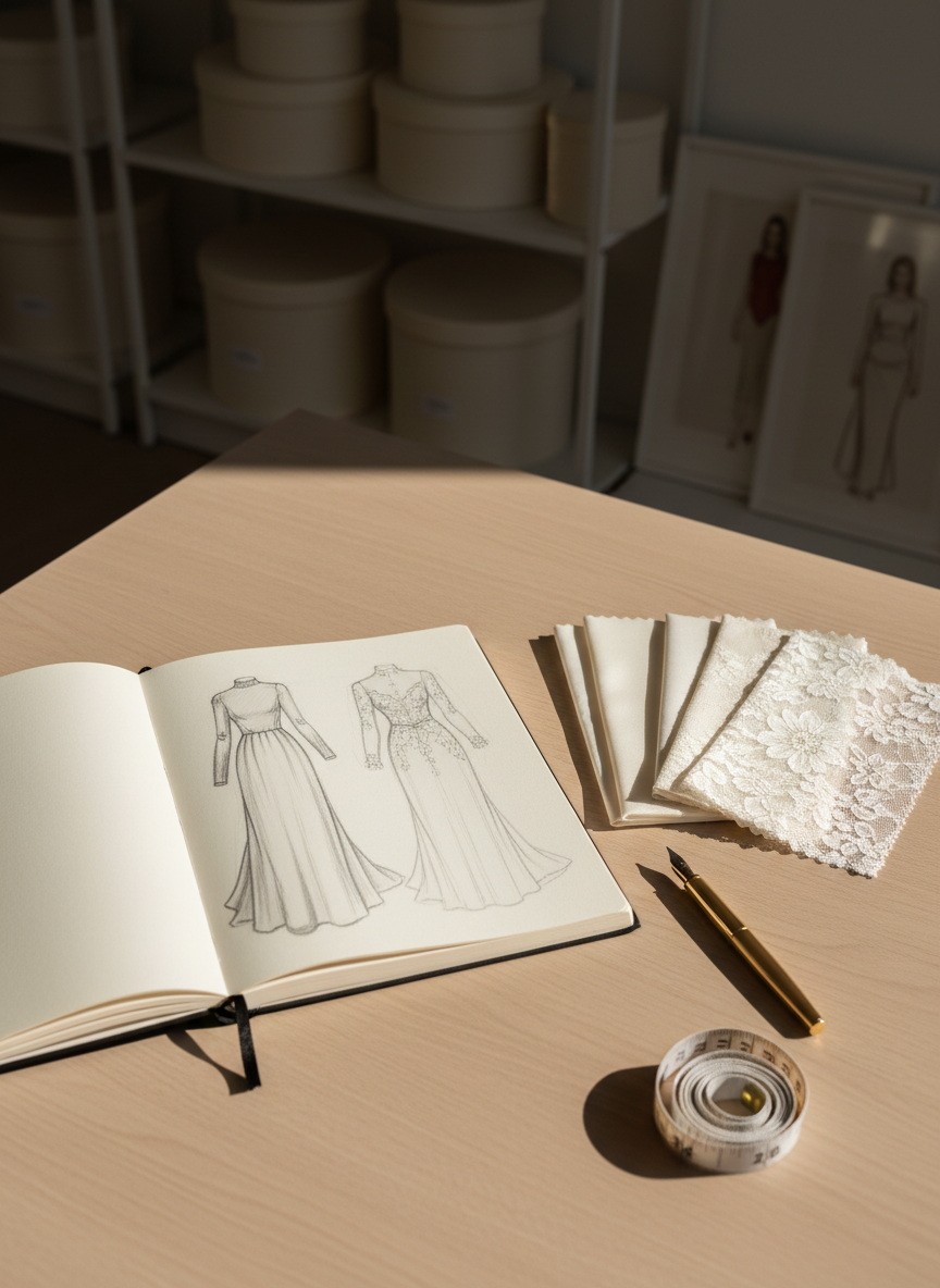 A minimalist consultation space in a bespoke bridal studio, centered around an open sketchbook displaying detailed pencil drawings of a modest wedding gown with a high neckline and full-length sleeves. Beside it lies a fan of fabric swatches in ivory mikado, matte silk, and delicate Chantilly lace, along with a slim, gold fountain pen and a measuring tape artfully coiled. The arrangement rests on a pale oak table with a soft satin sheen. Natural afternoon light filters across the tabletop, creating refined highlights on the pen and gentle shadows behind the swatches. The background is softly blurred, suggesting quiet shelving with neatly stacked hatboxes. Photographic realism, shot from overhead with clean, balanced composition, conveying a composed, sophisticated, and custom-design-focused atmosphere.